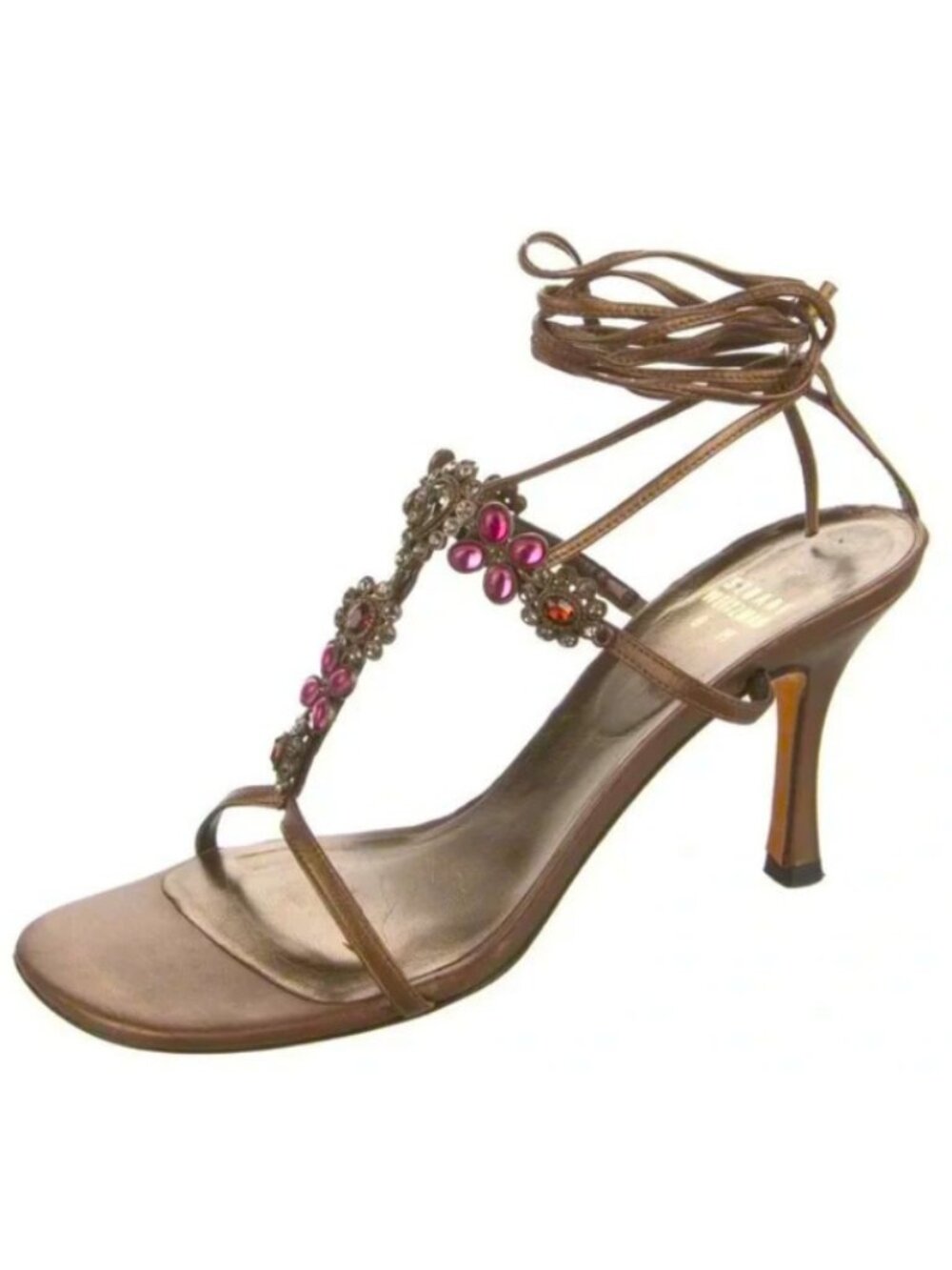 Stuart Weitzman Strappy Jeweled Embellished Heels Sz-9N Bronze Leather